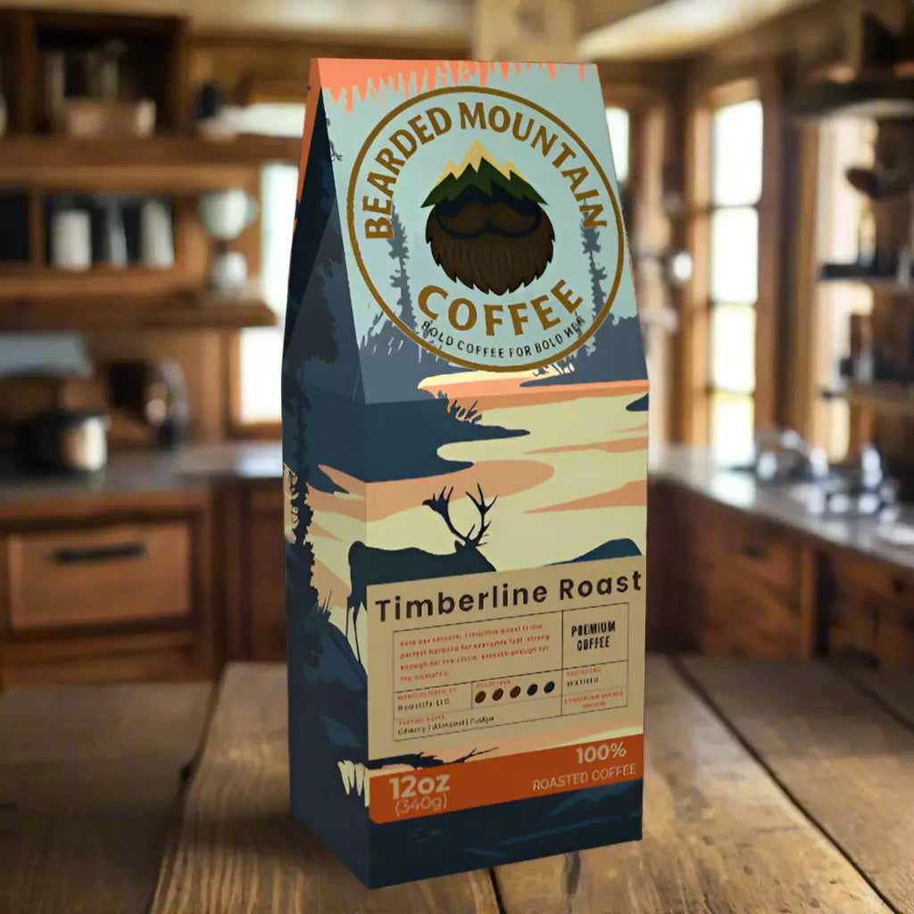 Bearded Mountain Coffee Timberline Roast 12oz bag of premium medium roast Ethiopian single origin coffee, displayed on a rustic wooden kitchen table inside a rugged mountain cabin. The scene features natural sunlight streaming through windows, warm wood countertops and cabinets, and a cozy, masculine atmosphere that highlights the bold, adventurous Bearded Mountain Coffee branding.