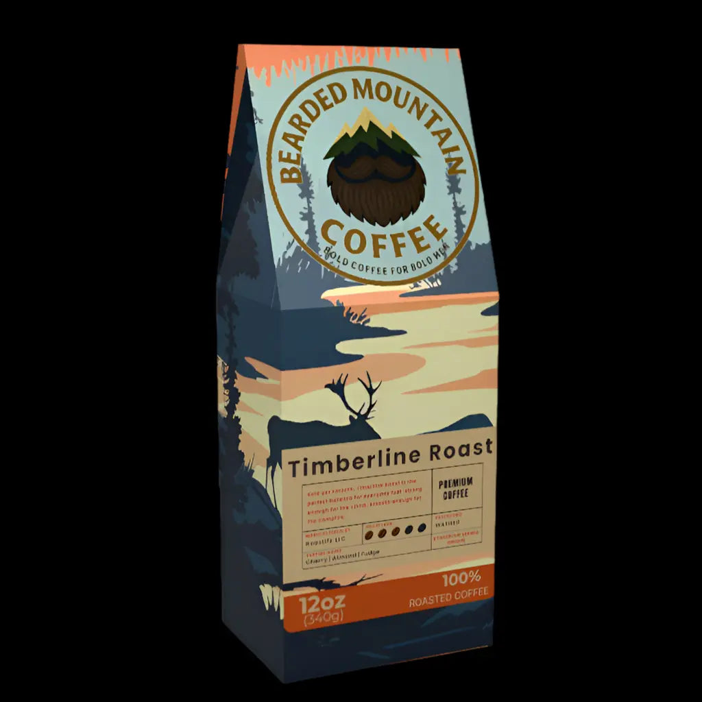 Bearded Mountain Coffee Timberline Roast 12oz bag – medium roast Ethiopian single origin ground coffee, rugged packaging design.