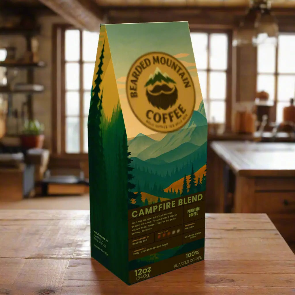 Bearded Mountain Coffee Campfire Blend 12oz bag of premium roasted coffee displayed on a rustic wooden kitchen table inside a rugged mountain cabin. The packaging features bold green tones with a scenic illustration of pine forests, rolling hills, and distant mountains, emphasizing outdoor adventure and wilderness. Natural sunlight streams through cabin windows, highlighting the masculine, rugged atmosphere with wooden beams, countertops, and rustic shelving in the background. The Campfire Blend branding su