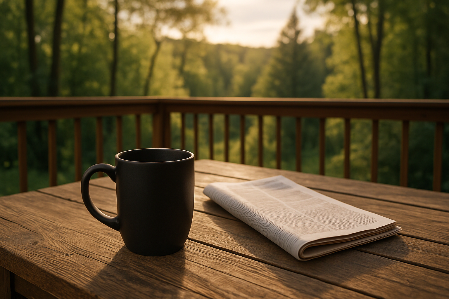 Black coffee mug sitting on a wood table in a back patio with wood scenic view. Newspaper sitting on the table folded next to the cup of coffee