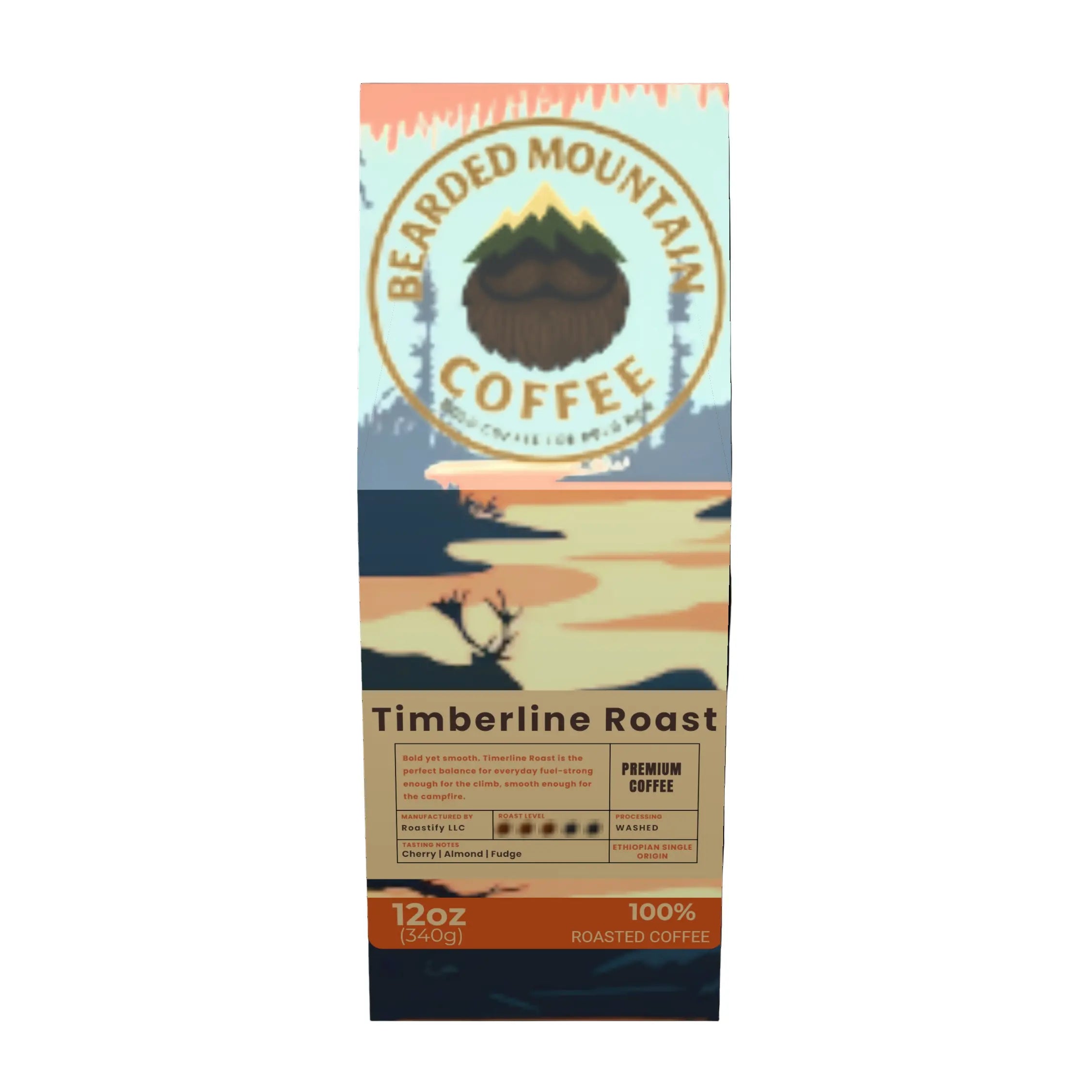Front view of Bearded Mountain Coffee Timberline Roast – 12oz medium roast Ethiopian coffee beans in eco-friendly packaging.