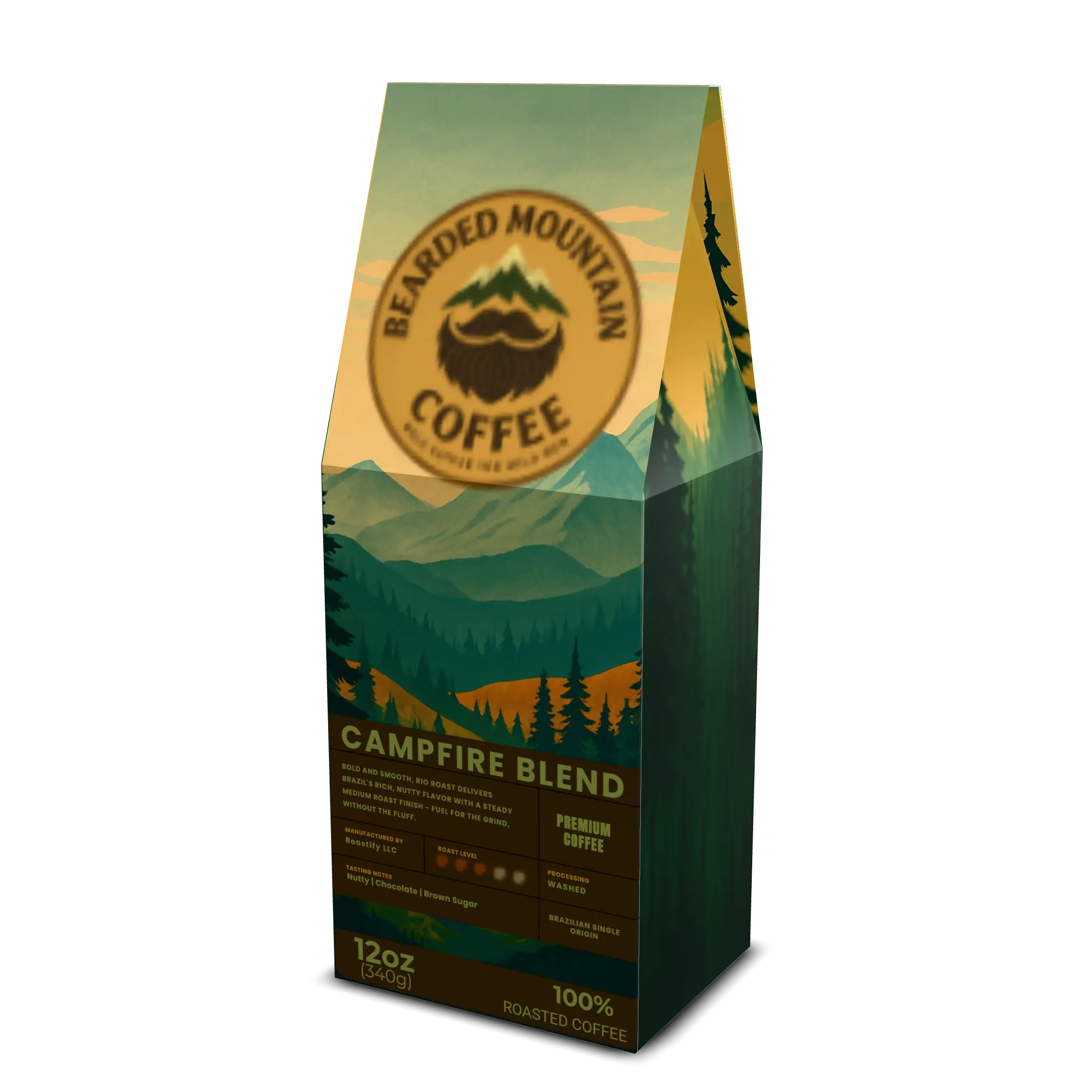 Bearded Mountain Coffee medium roast blend – 12oz bag showing eco-friendly green packaging and bold logo.