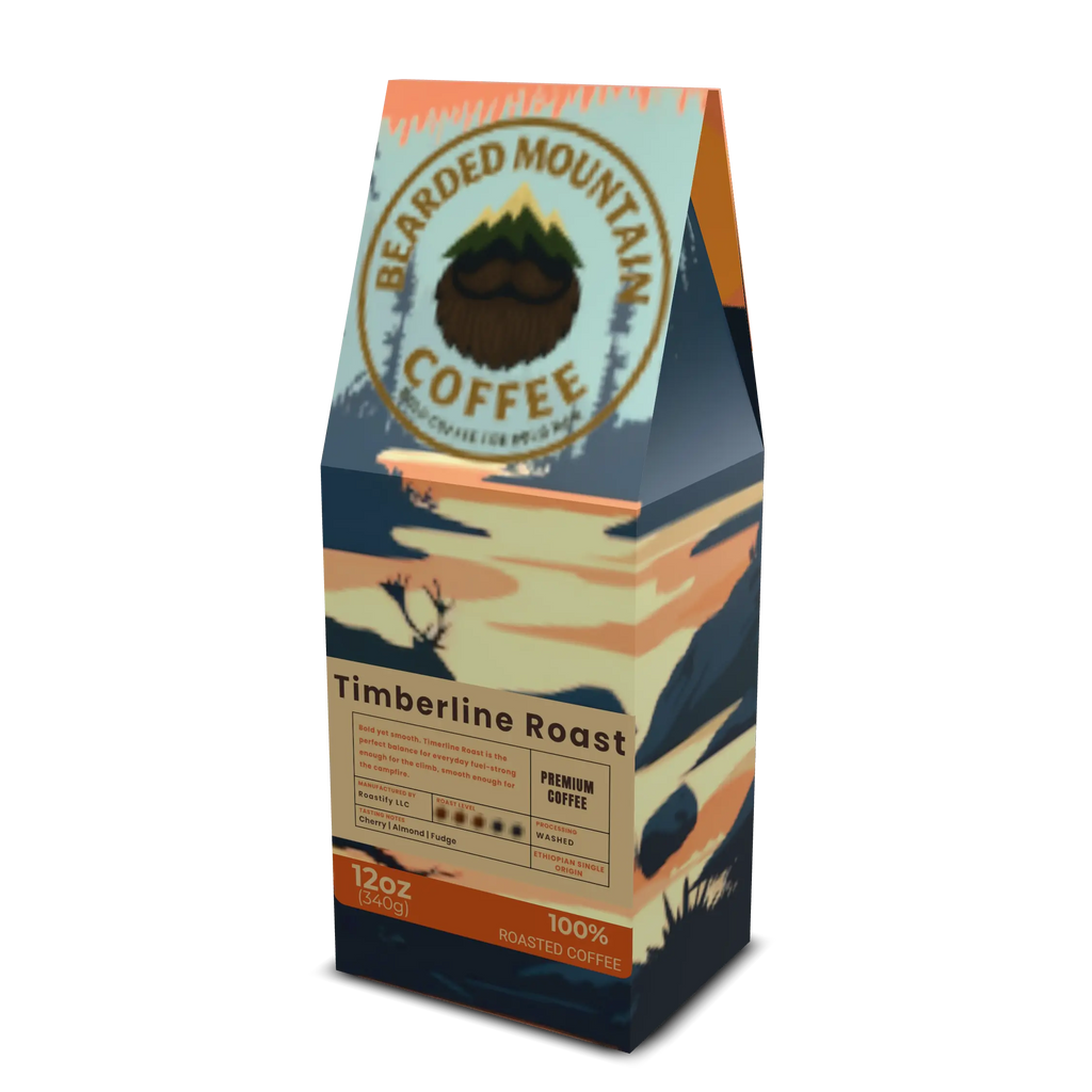 Bearded Mountain Coffee Timberline Roast packaging – medium roast Ethiopian single origin ground coffee, 12oz bag with mountain design.