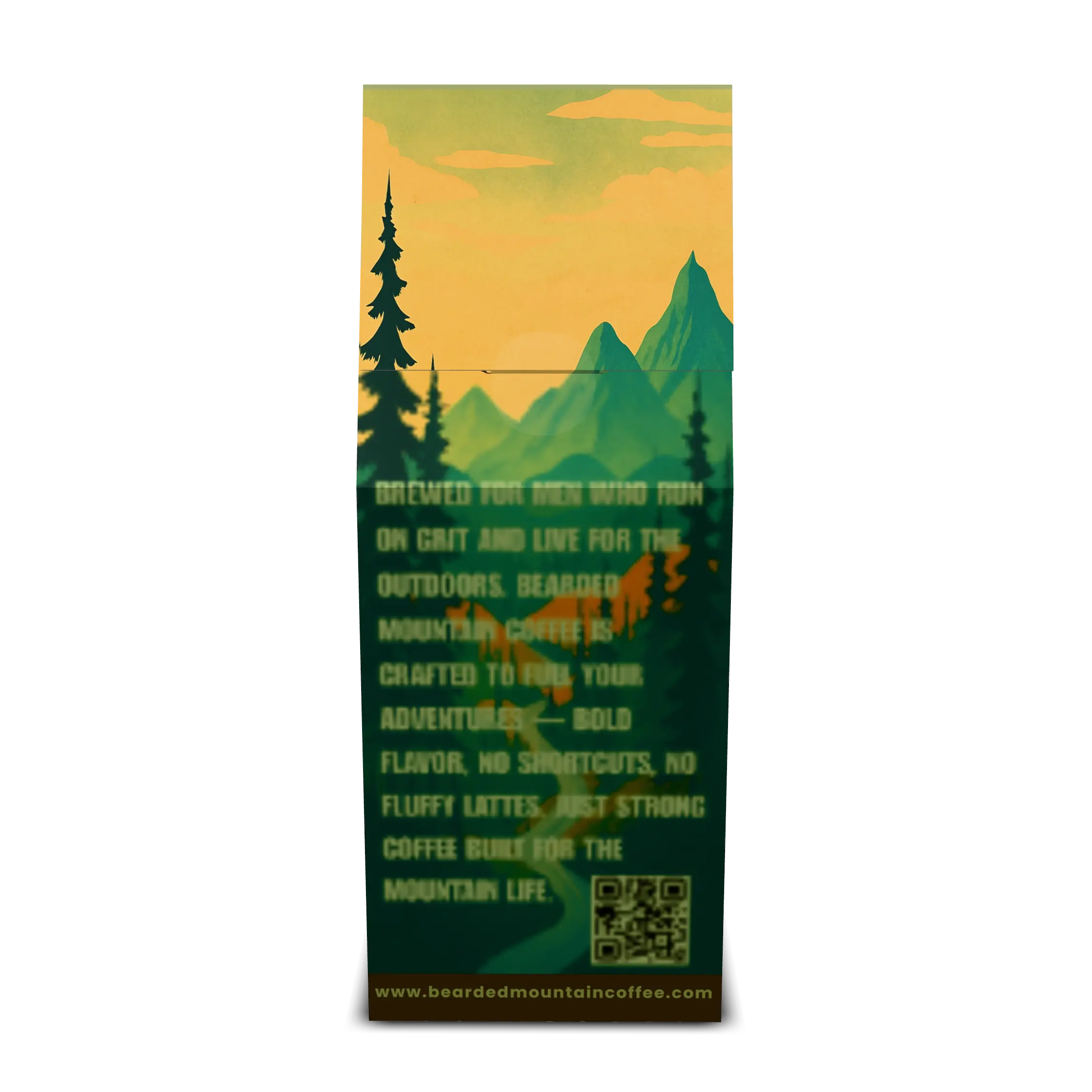 Back of Bearded Mountain Coffee medium roast blend bag – product description, brewing information, and company details.