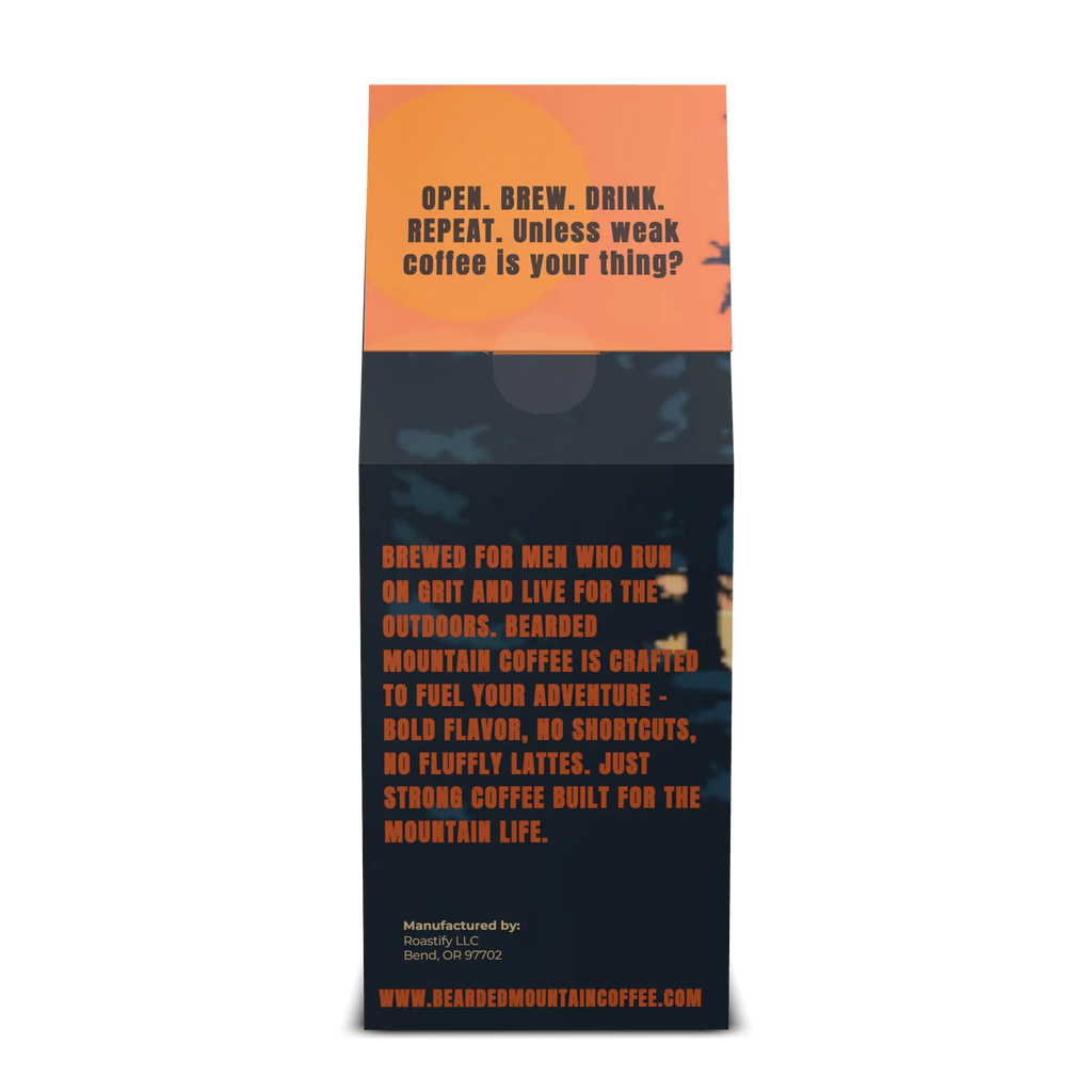 Back of Bearded Mountain Coffee Timberline Roast bag showing roast description, brewing details, and product information.