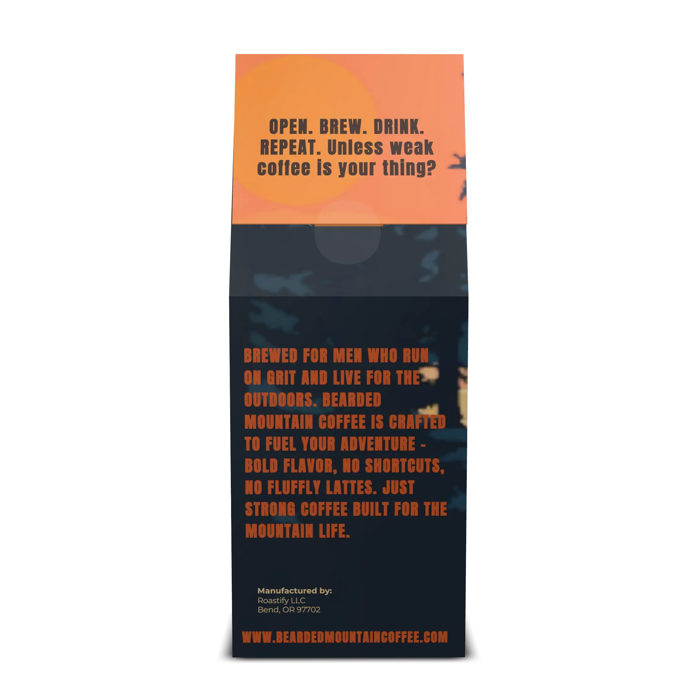 Back of Bearded Mountain Coffee Timberline Roast bag showing roast description, brewing details, and product information.
