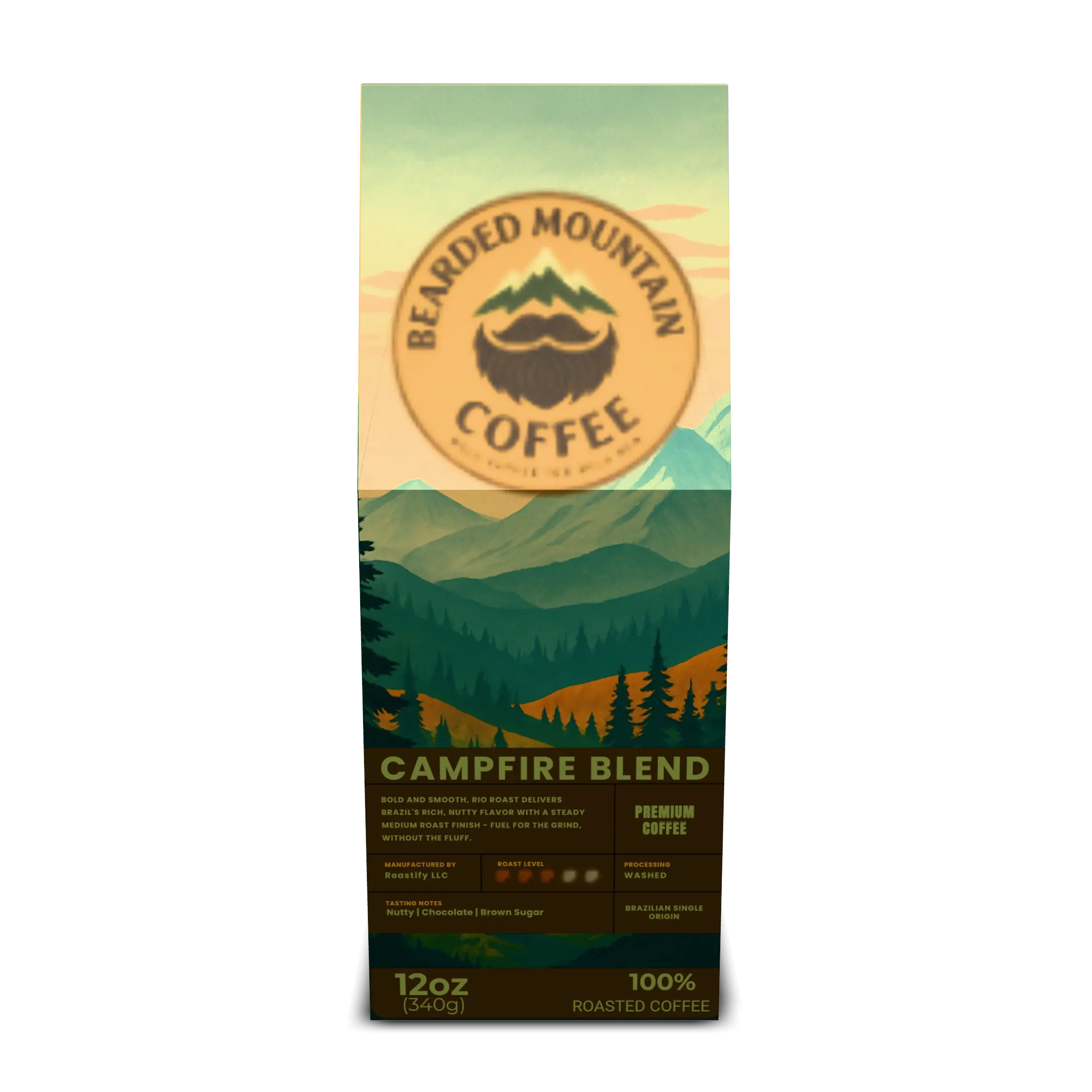 Front of Bearded Mountain Coffee medium roast blend – 12oz ground coffee bag with mountain landscape artwork.